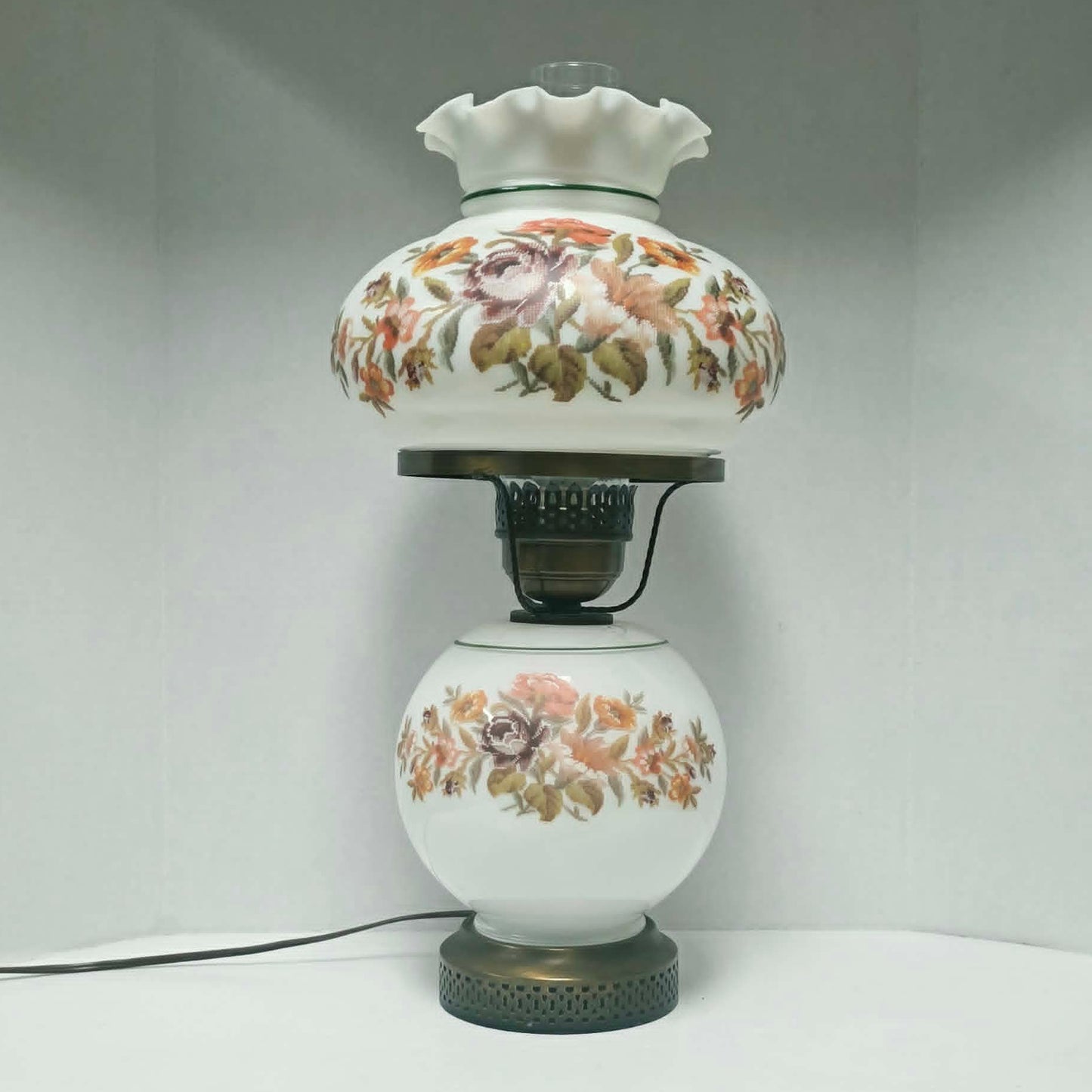 Vintage Gone With The Wind hurricane lamp with floral needlepoint design shade and base, tri-light lamp measuring 21 inches tall.