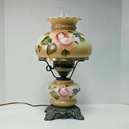 Elegant vintage hurricane lamp with floral glass design
