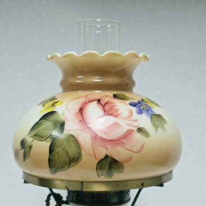 Elegant vintage hurricane lamp with floral glass design