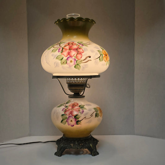 Vintage hurricane lamp with pastel hand-painted floral glass and dual lighting feature.
