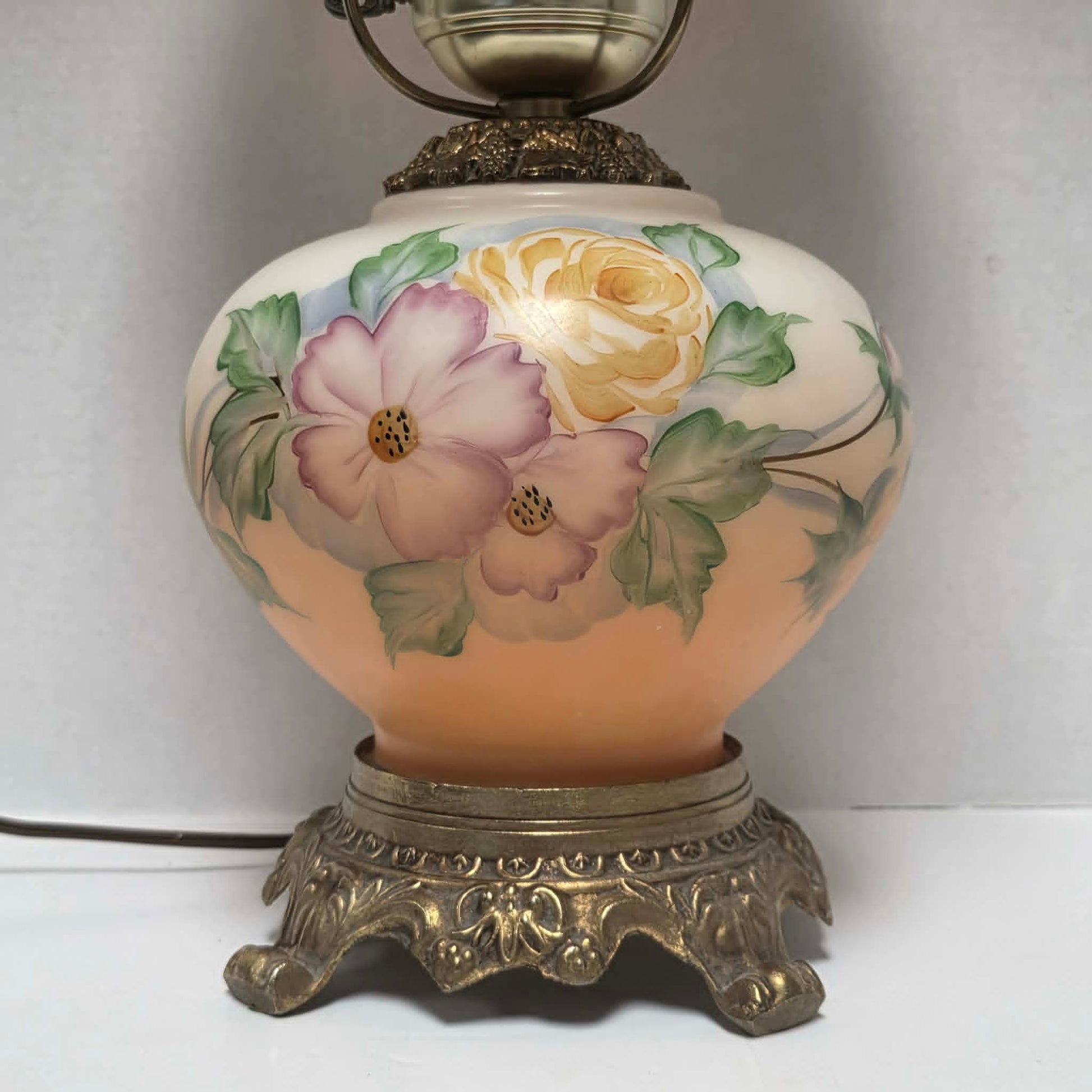 Vintage Gone with the Wind hurricane lamp with pink cosmos and yellow rose floral glass design.