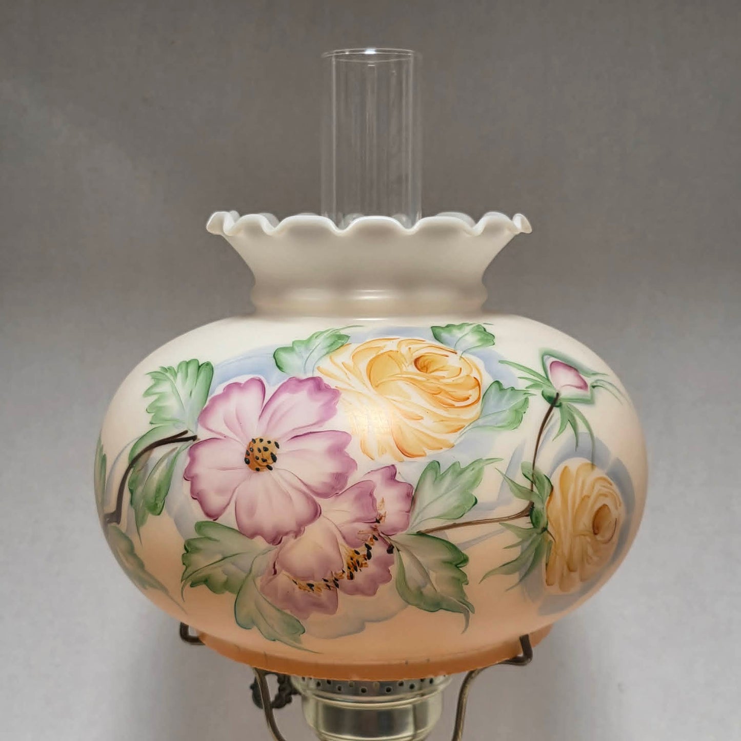 Vintage Gone with the Wind hurricane lamp with pink cosmos and yellow rose floral glass design.