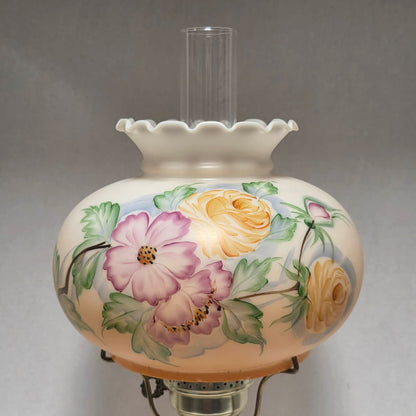 Vintage Gone with the Wind hurricane lamp with pink cosmos and yellow rose floral glass design.