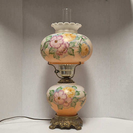 Vintage Gone with the Wind hurricane lamp with pink cosmos and yellow rose floral glass design.