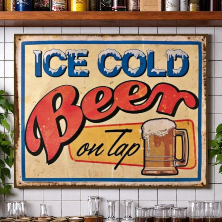 Retro “Ice-Cold Beer” Hand-Painted Style Metal Sign – Wainfleet Trading ...