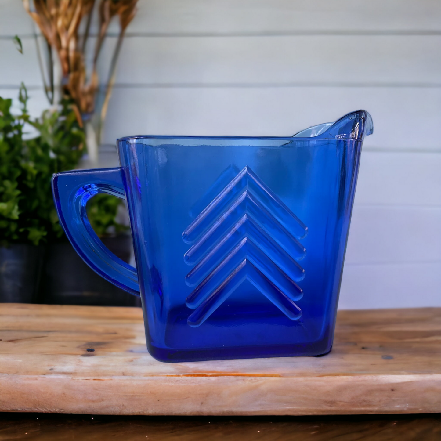 Cobalt Blue Chevron Depression Glass Creamer Pitcher Hazel Atlas