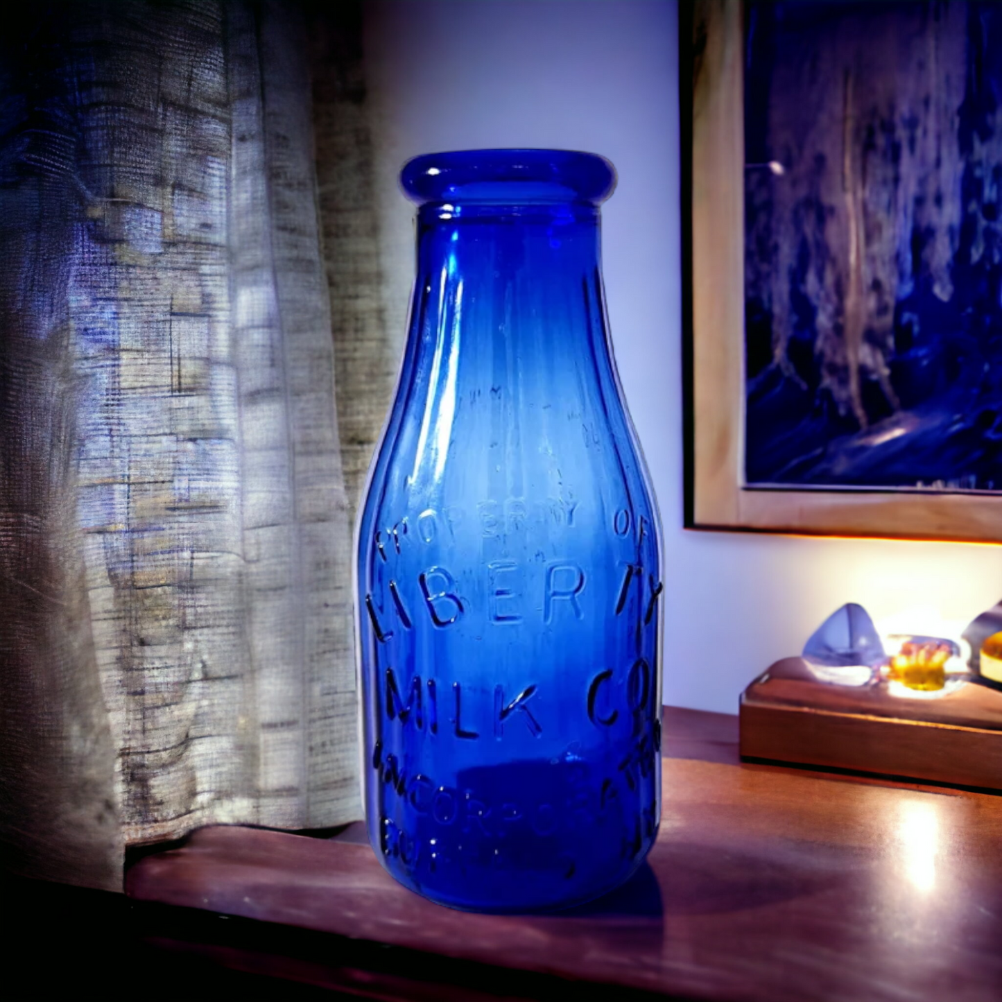 Vintage Cobalt Blue Embossed Liberty Milk Bottle