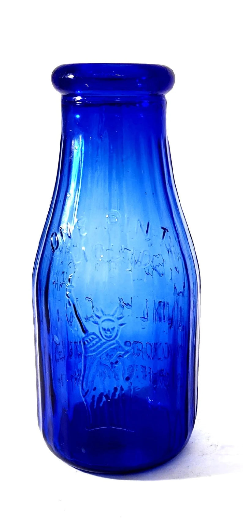 Vintage Cobalt Blue Embossed Liberty Milk Bottle