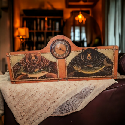 Hunting Themed Clock Grizzly Bear Fishing Salmon Hunt Camp Decor