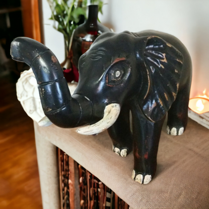 African Elephant Large Hand Carved Wooden Safari Decor