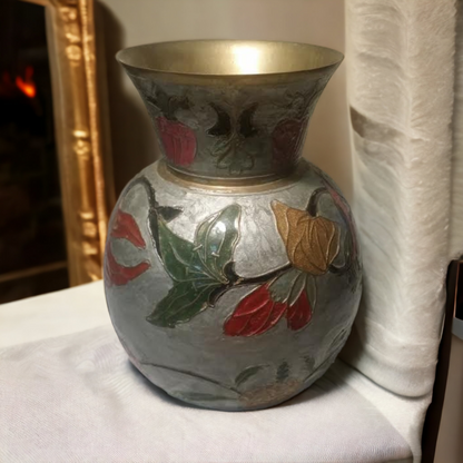 MCM Vintage Solid Brass Enameled Floral Vase