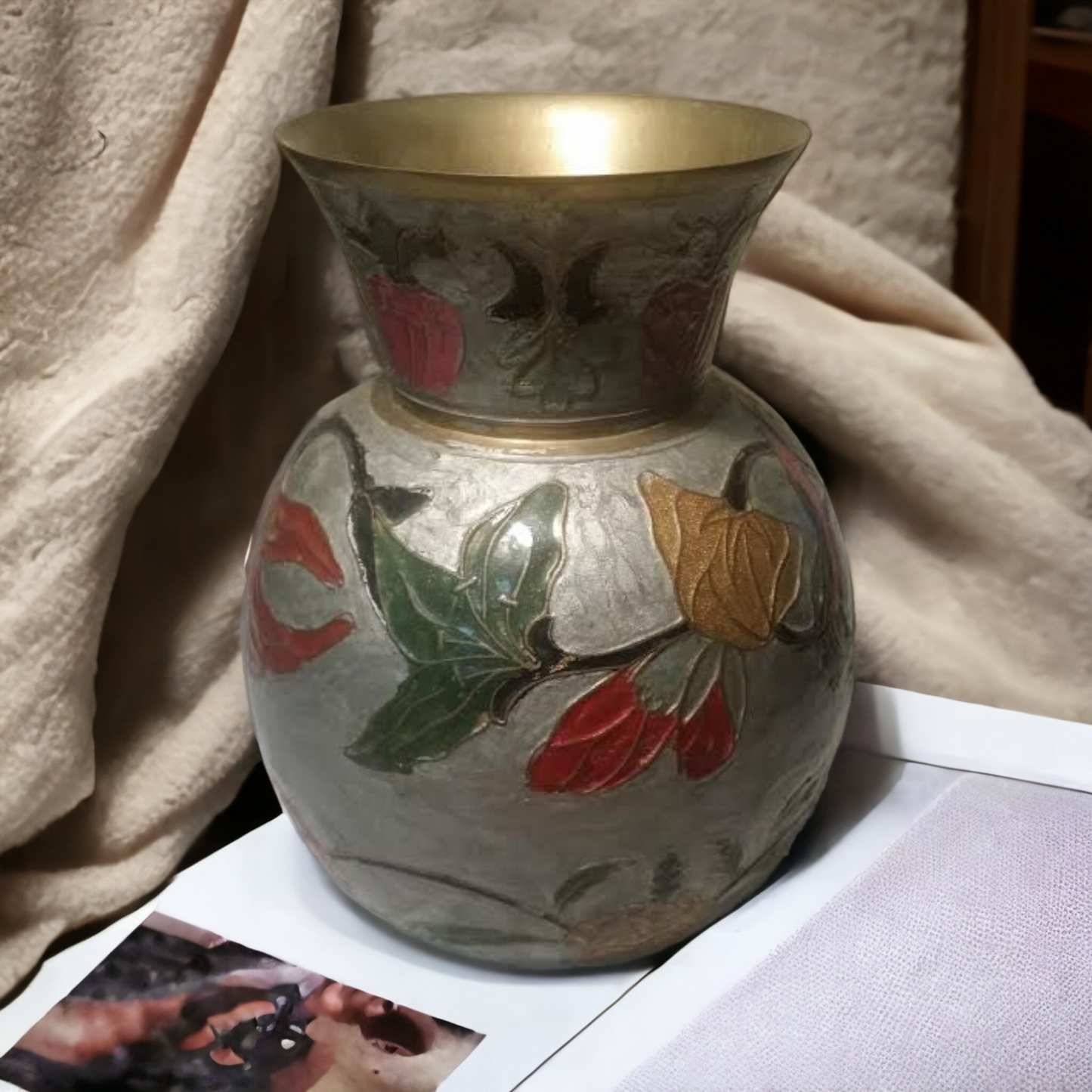 MCM Vintage Solid Brass Enameled Floral Vase