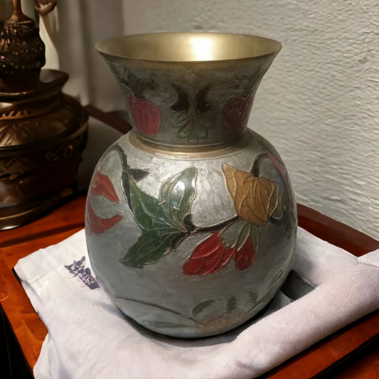 MCM Vintage Solid Brass Enameled Floral Vase