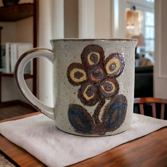 Art Pottery Coffee Cup Hand Painted Floral Design MCM Hippy Dippy Flower Power