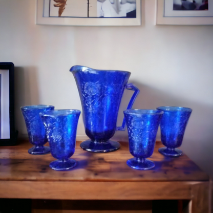Water Pitcher & Tumbler Set Cobalt Blue Depression Glass
