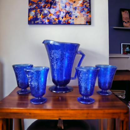 Water Pitcher & Tumbler Set Cobalt Blue Depression Glass