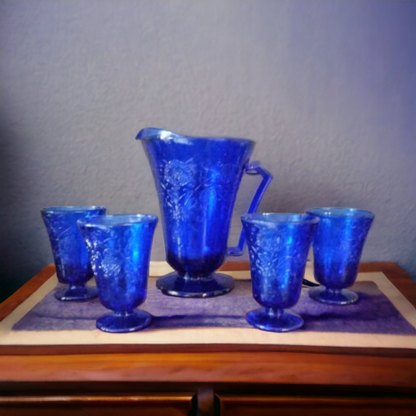 Water Pitcher & Tumbler Set Cobalt Blue Depression Glass