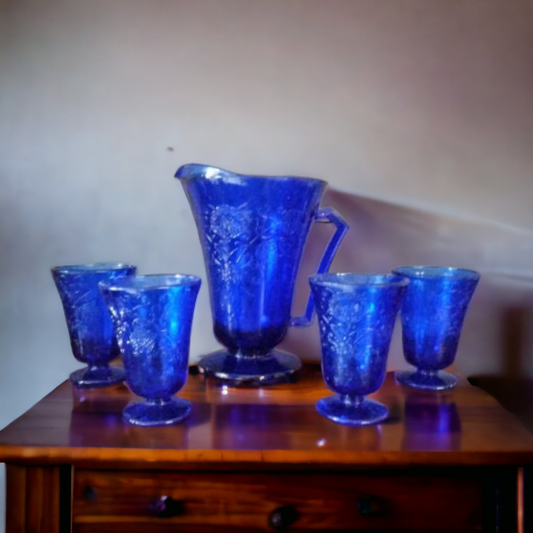 Water Pitcher & Tumbler Set Cobalt Blue Depression Glass