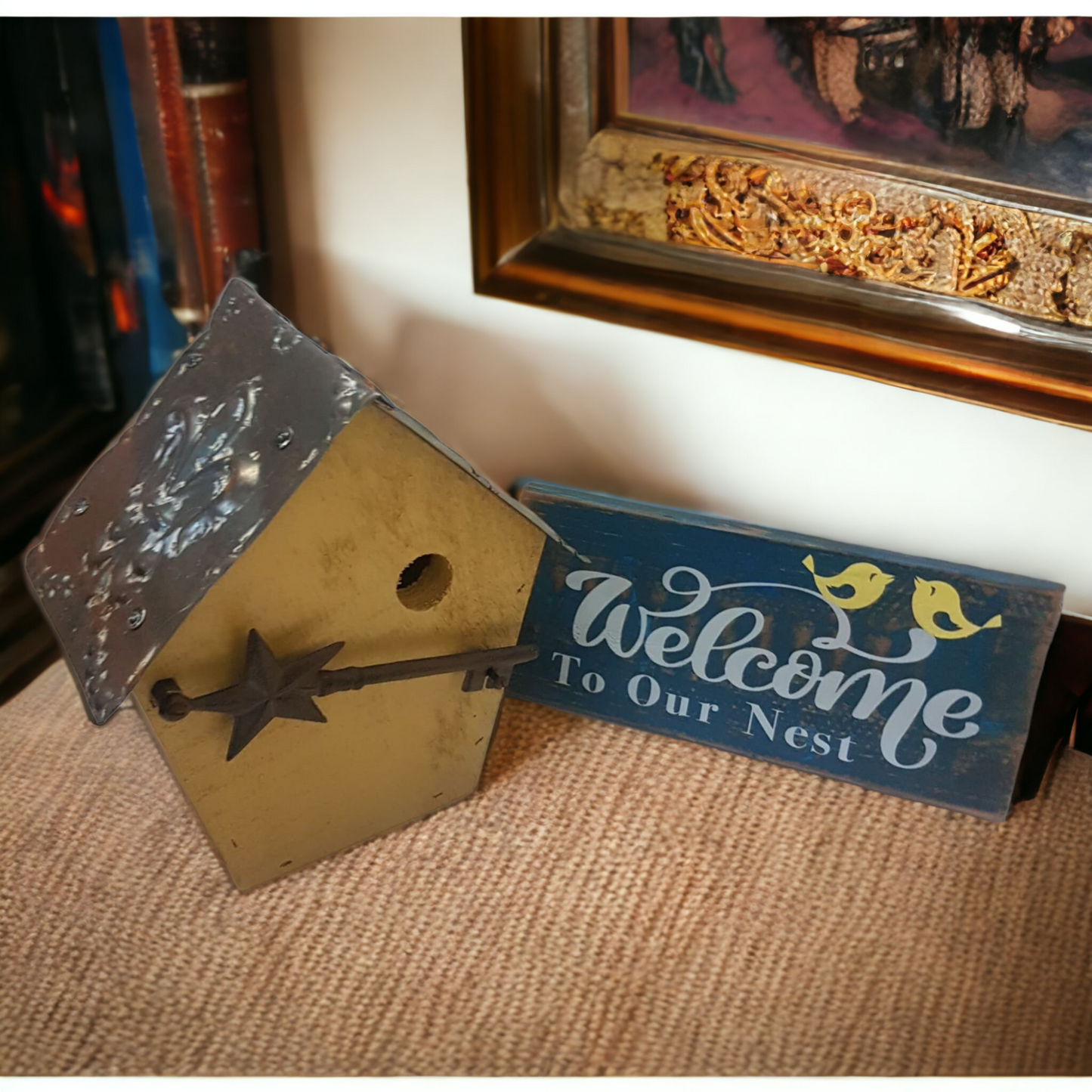 Rustic Bird House Hand Built Fleur De Lys Tin Roof