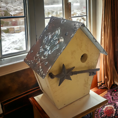 Rustic Bird House Hand Built Fleur De Lys Tin Roof