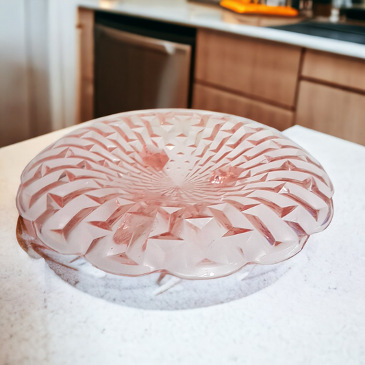 Pink Depression Glass Cake Plate Jeannette Cube Cubist Pattern