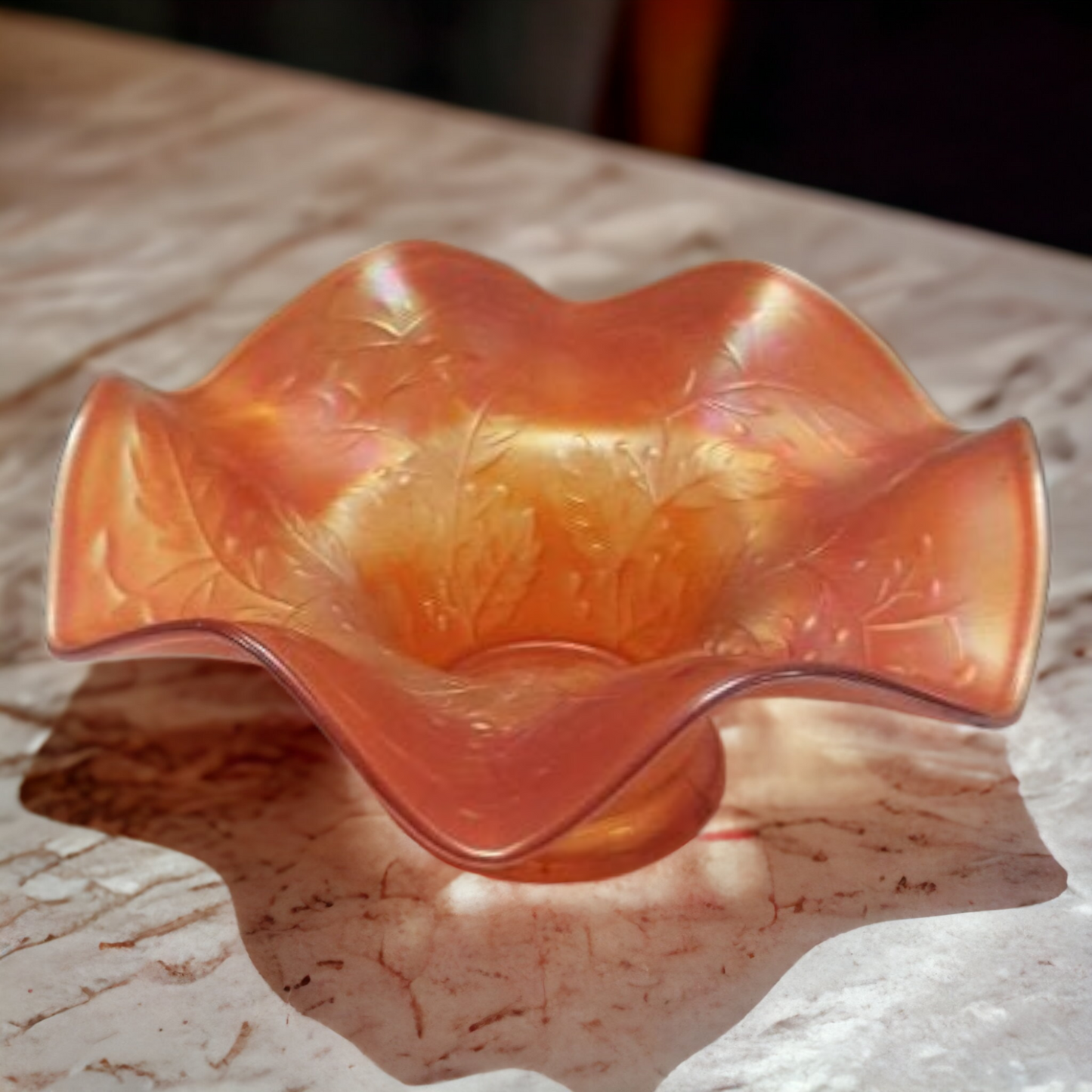 Antique Fenton Marigold Holly Carnival Glass Ruffled Candy Dish
