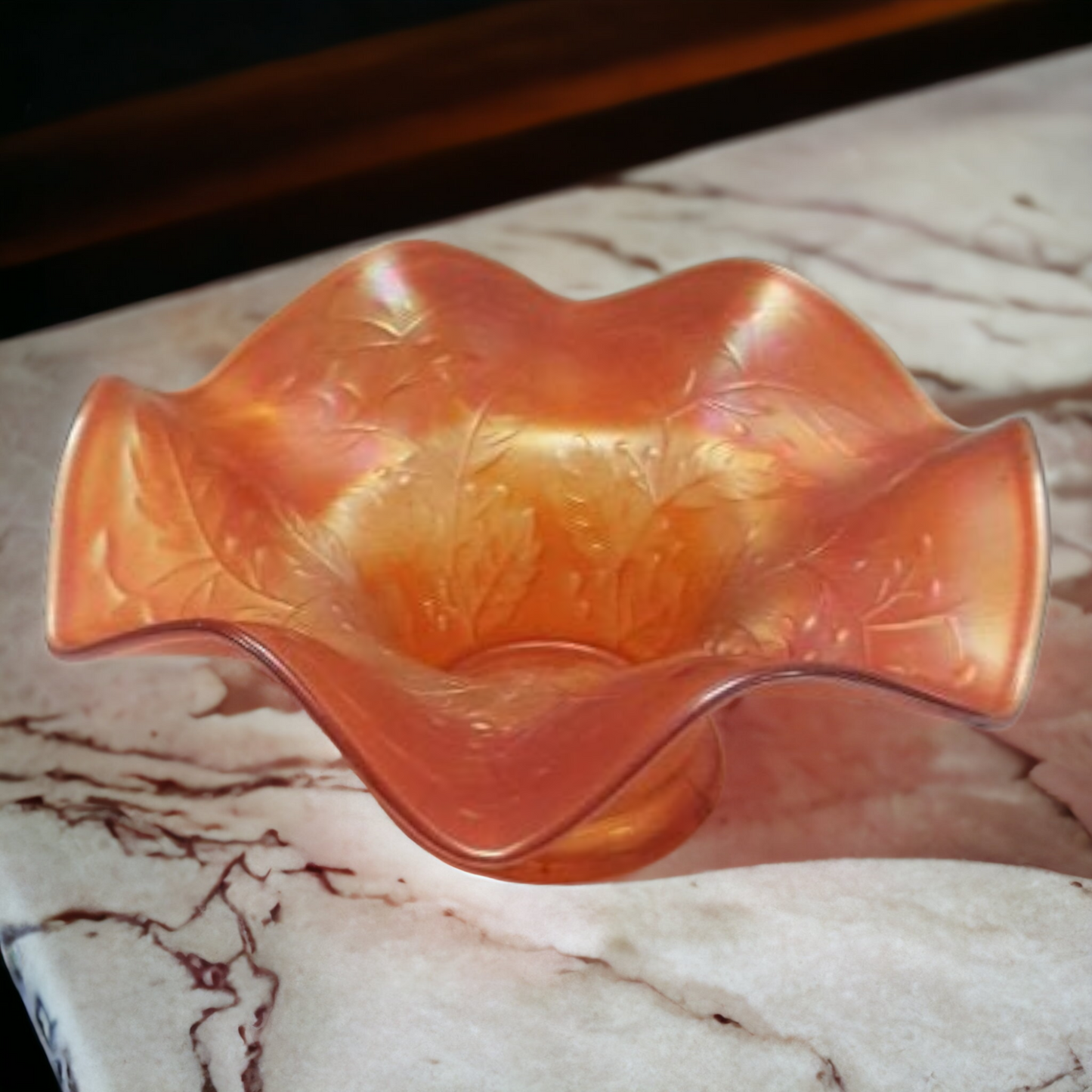Antique Fenton Marigold Holly Carnival Glass Ruffled Candy Dish