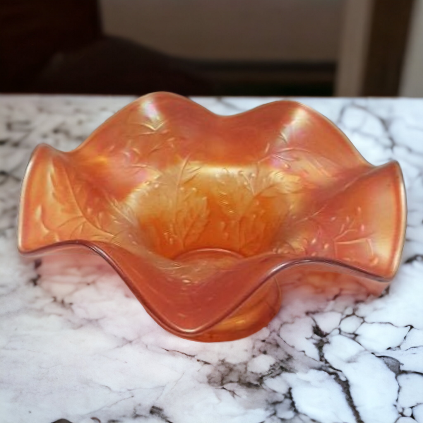 Antique Fenton Marigold Holly Carnival Glass Ruffled Candy Dish