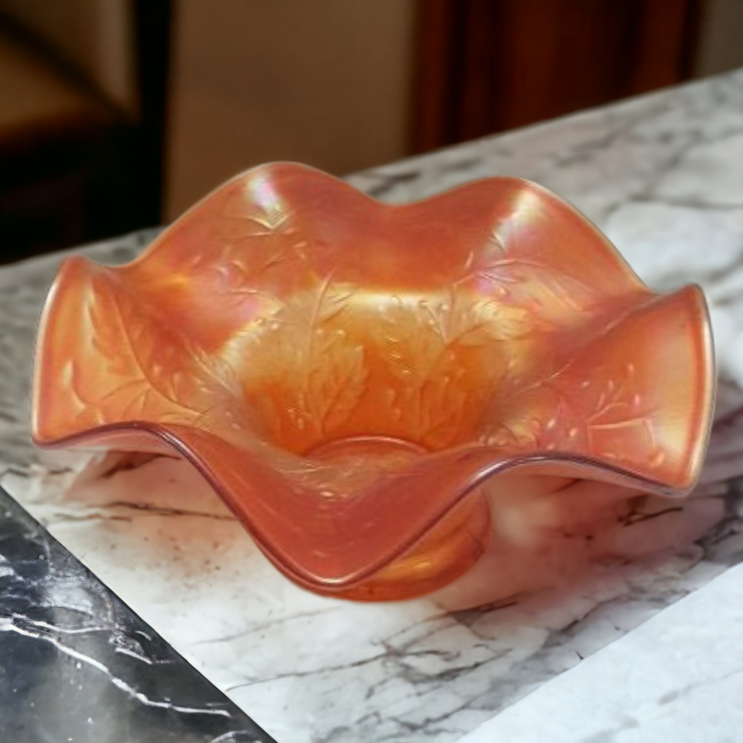 Antique Fenton Marigold Holly Carnival Glass Ruffled Candy Dish