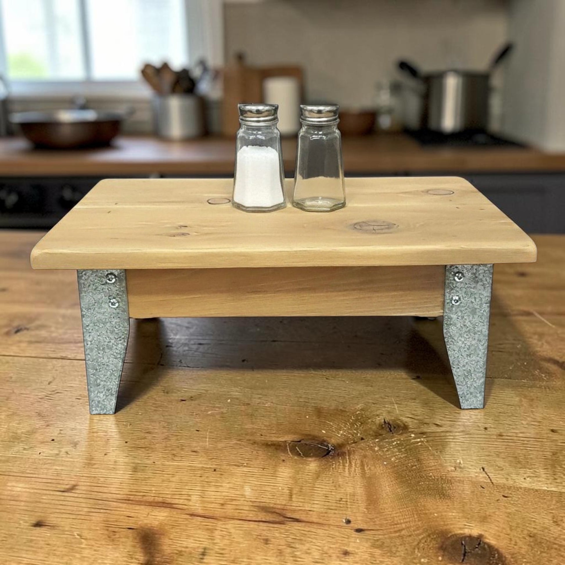 Handmade reclaimed cedar and barn metal serving riser with rustic charm.