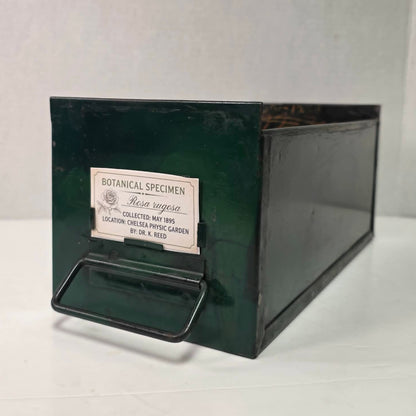 Antique industrial apothecary drawer with bail handle and label holder, vintage storage bin with aged patina.
