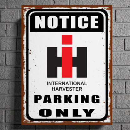 Vintage-style metal sign with International Harvester logo on a brick wall background
