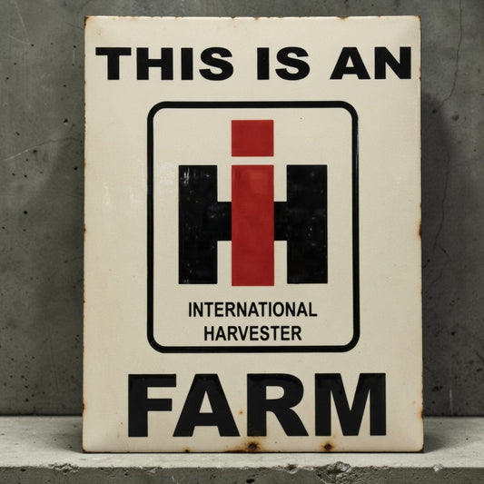 A vintage-style rectangular sign with a distressed off-white background, featuring the text 'THIS IS AN FARM' and the International Harvester logo in black and red. The sign is photographed leaning against a gray concrete wall.