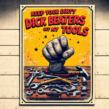 Vintage-style poster with a fist and tools, featuring bold text on a wooden background.