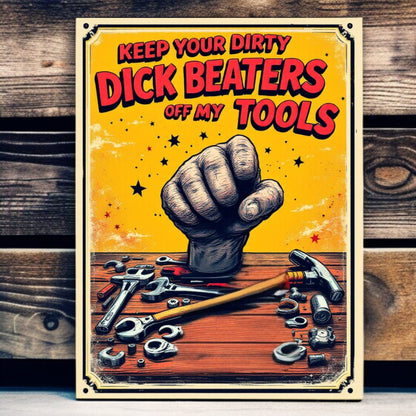 Vintage-style poster with a fist and tools on a wooden background, featuring bold text.