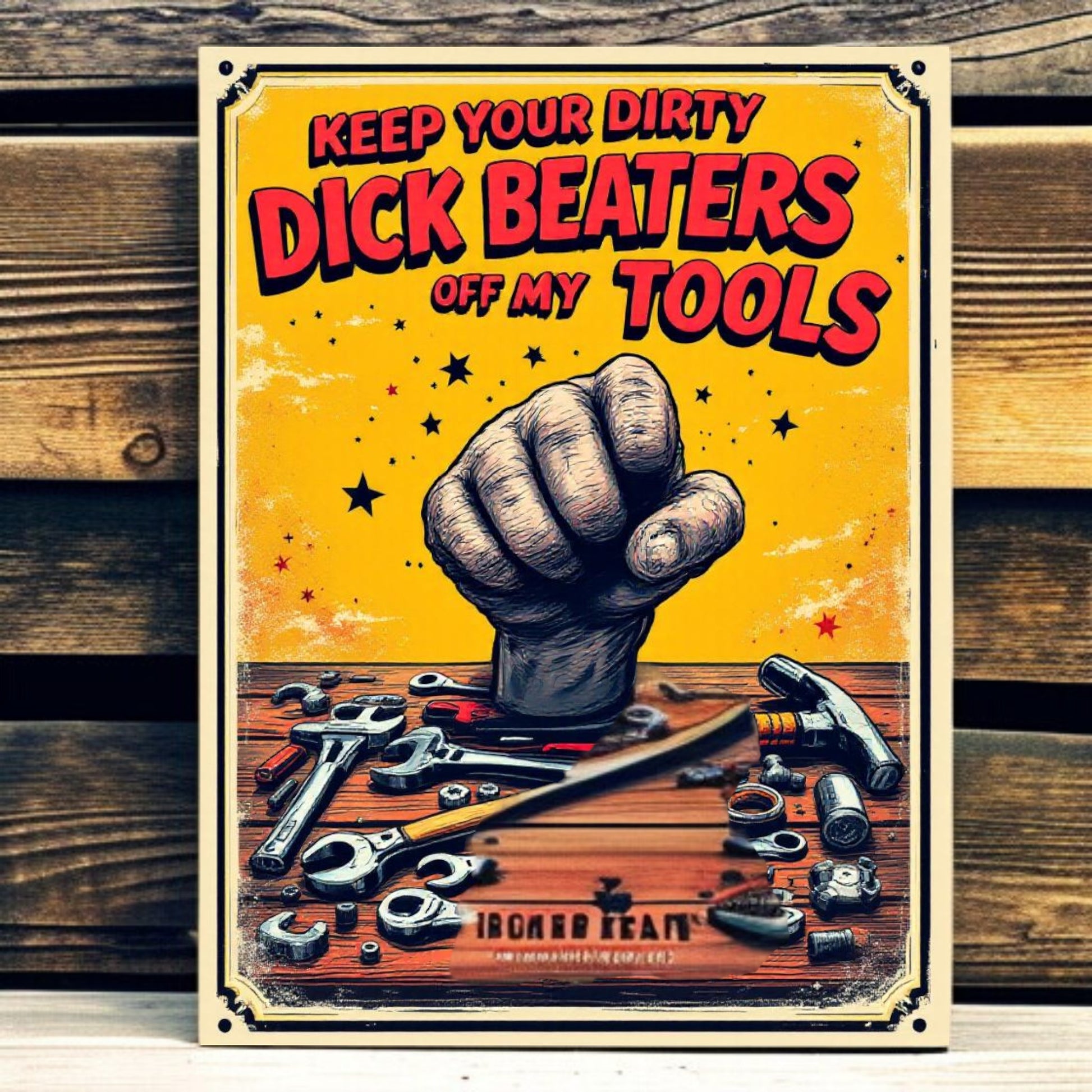 Vintage-style poster with a fist and tools on a wooden background, featuring bold text.