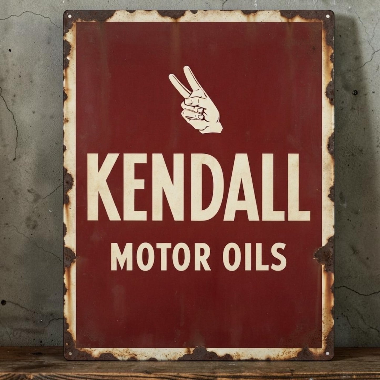 Retro Kendall Motor Oil sign with vintage automotive advertising design for garage decor.
