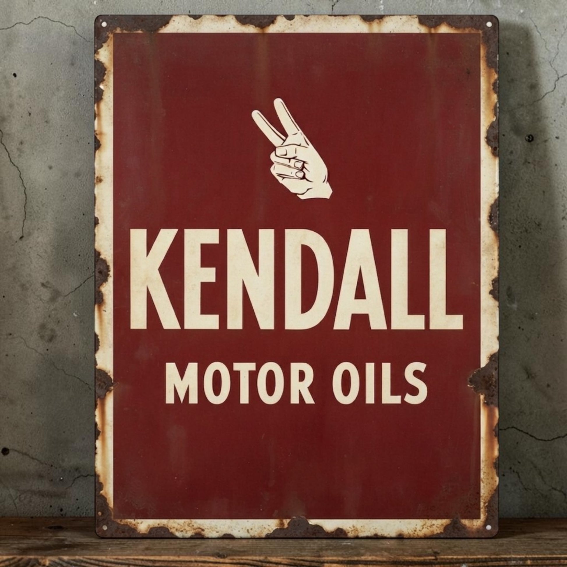 Retro Kendall Motor Oil sign with vintage automotive advertising design for garage decor.
