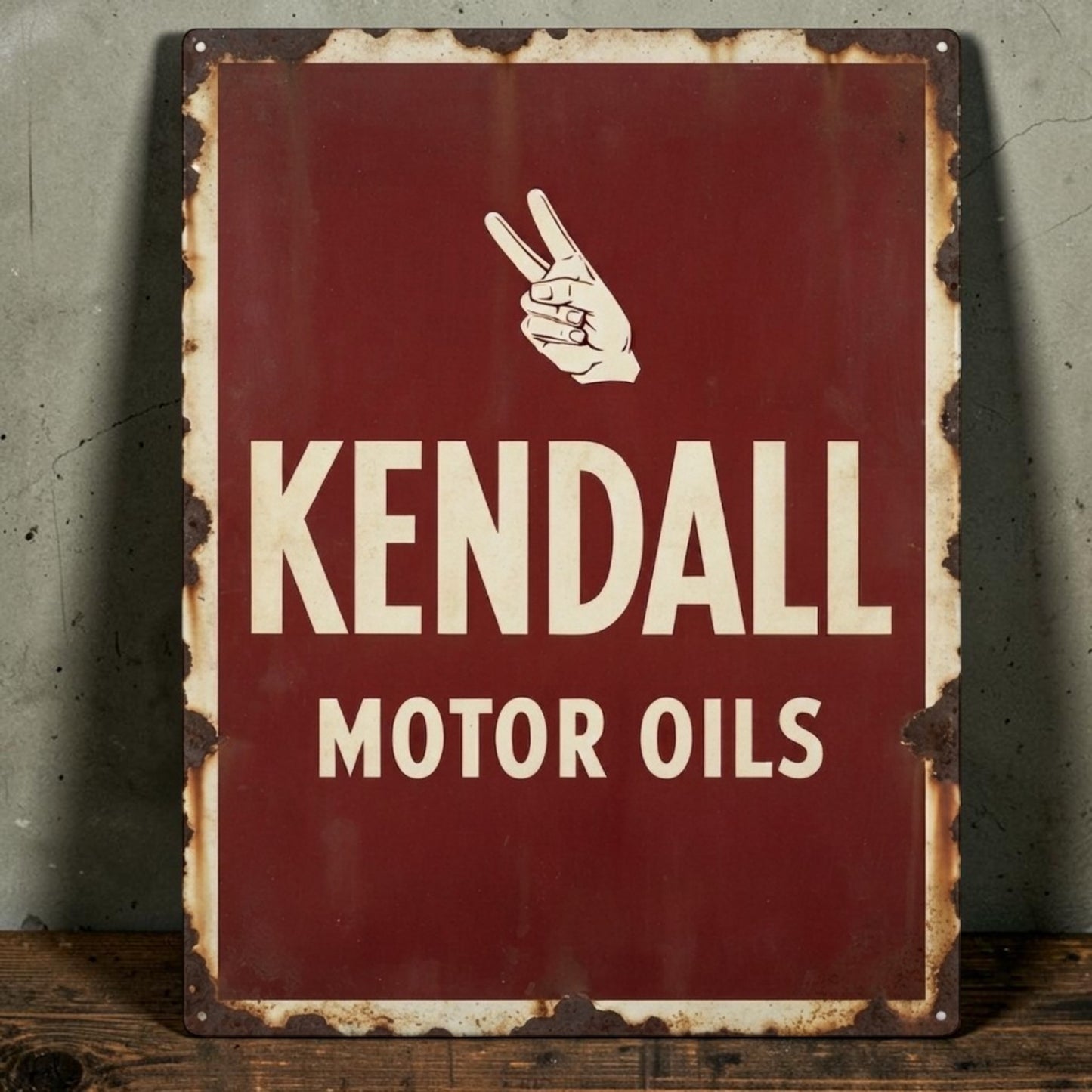 Retro Kendall Motor Oil sign with vintage automotive advertising design for garage decor.

