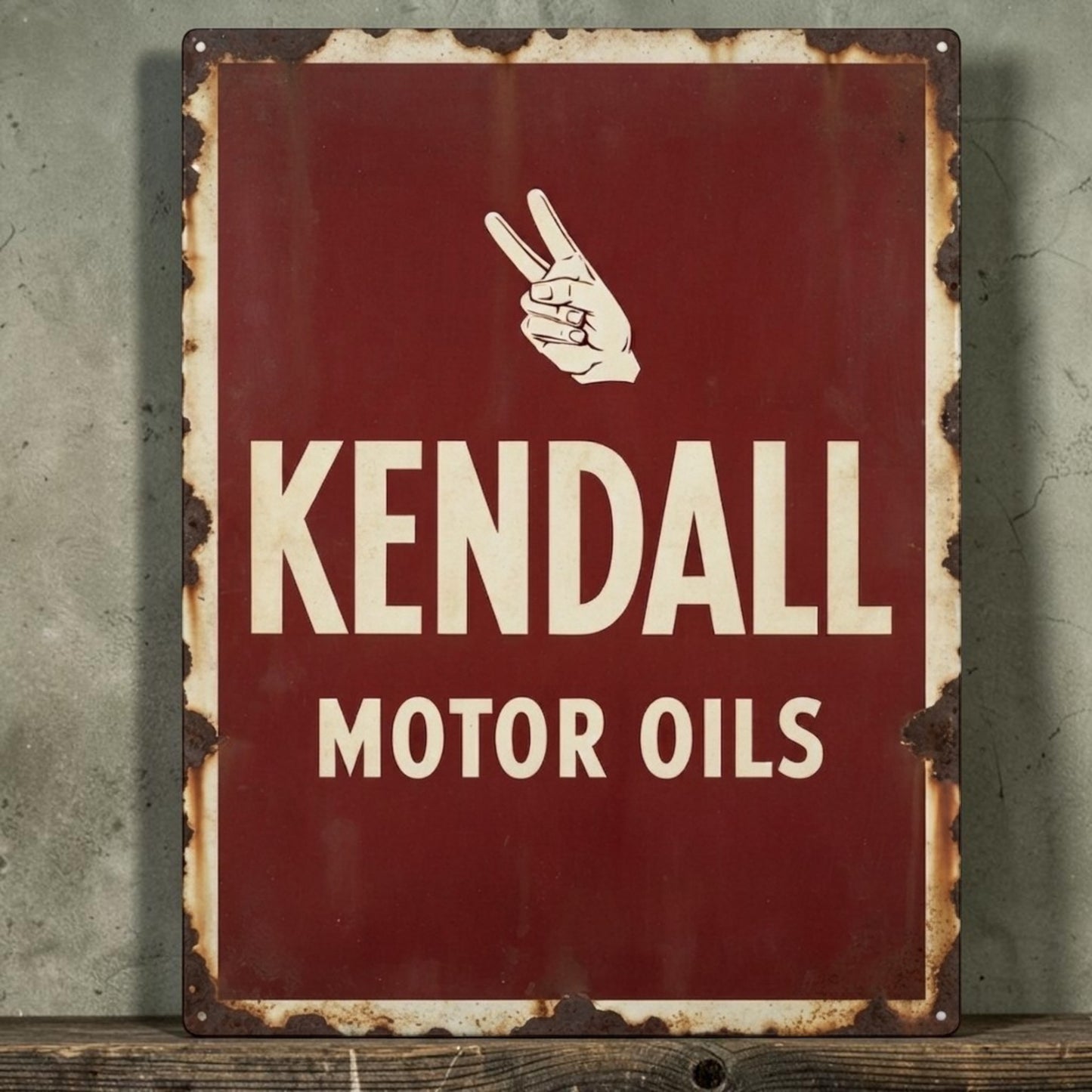 Retro Kendall Motor Oil sign with vintage automotive advertising design for garage decor.
