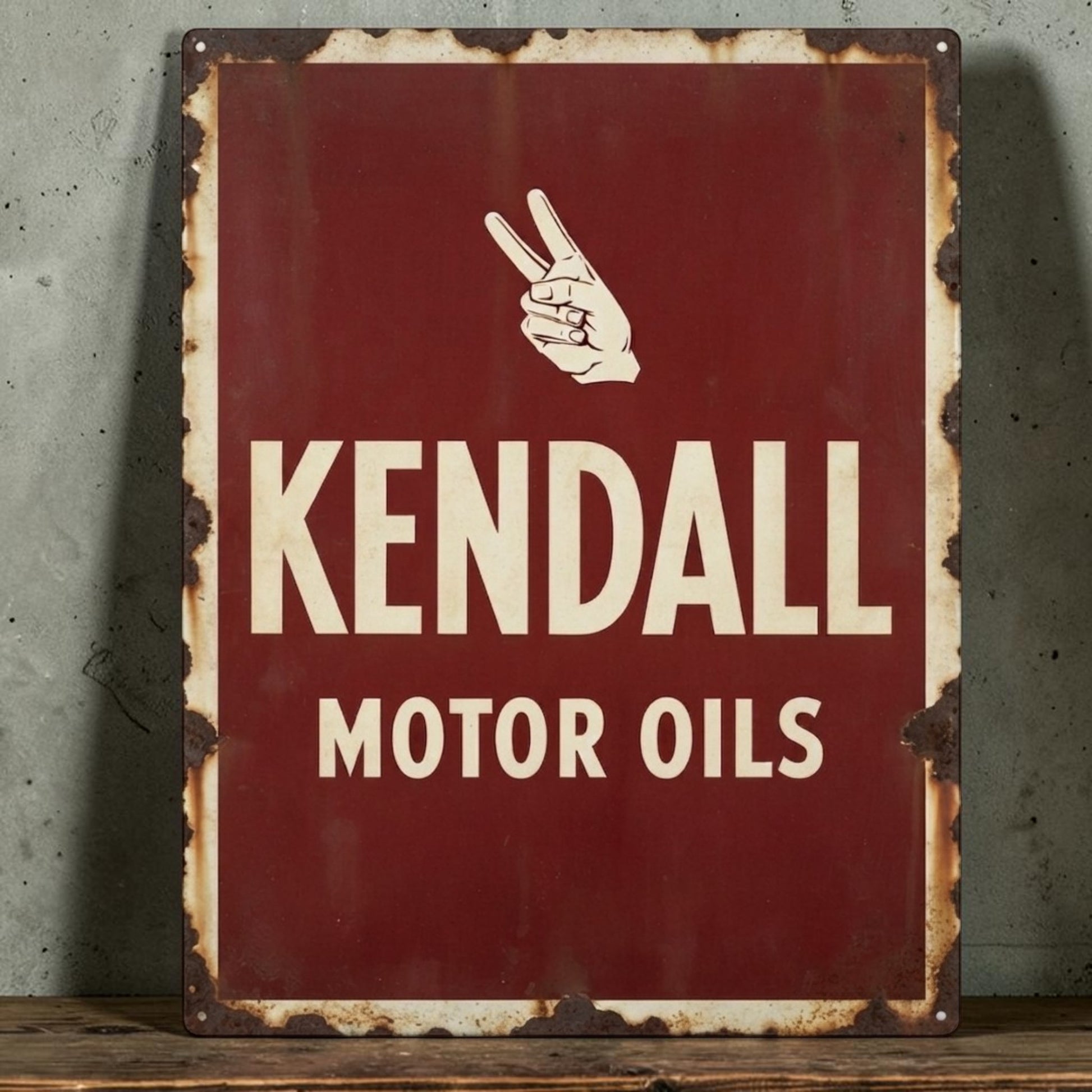 Retro Kendall Motor Oil sign with vintage automotive advertising design for garage decor.
