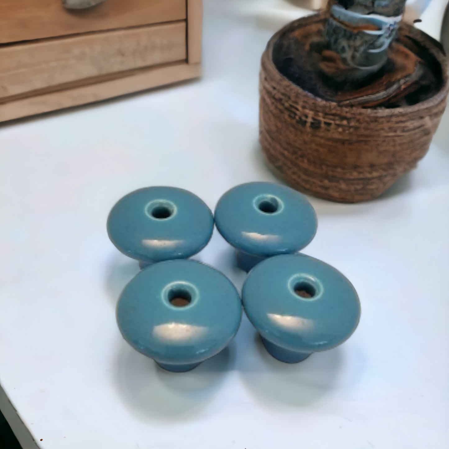 Antique Blue Porcelain Glass Door Knobs Hoosier Cupboard Medicine Cabinet