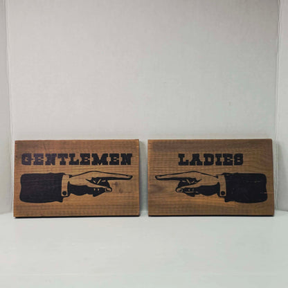 Ladies restroom sign
Gentlemen restroom sign
Wooden bathroom signs
Antique hand decor