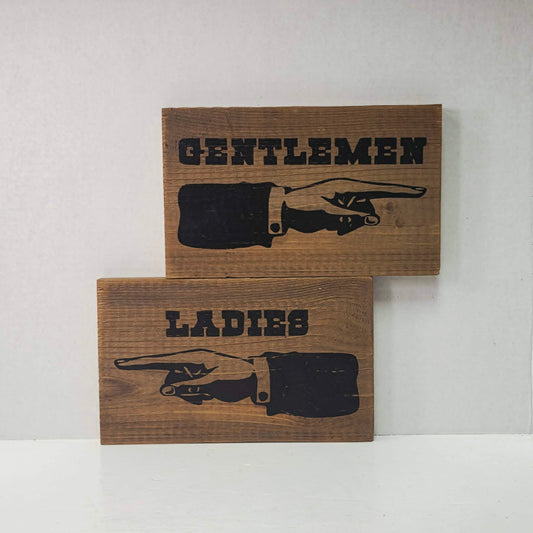 Ladies restroom sign
Gentlemen restroom sign
Wooden bathroom signs
Antique hand decor