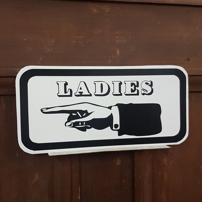 Ladies direction sign
Gentlemen direction sign
Antique hand sign
Bathroom wayfinding sign
Aluminum restroom decor