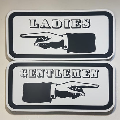 Ladies direction sign
Gentlemen direction sign
Antique hand sign
Bathroom wayfinding sign
Aluminum restroom decor