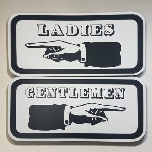 Ladies direction sign
Gentlemen direction sign
Antique hand sign
Bathroom wayfinding sign
Aluminum restroom decor