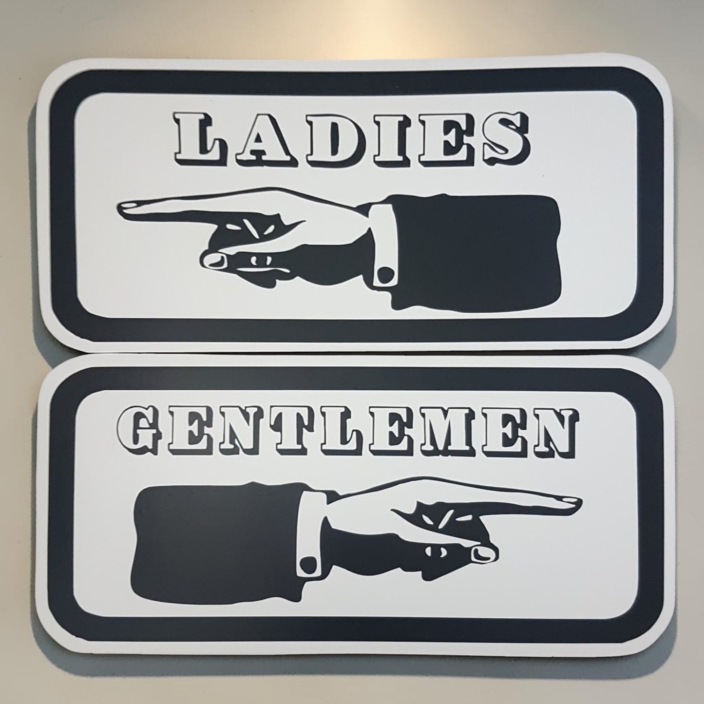 Ladies direction sign
Gentlemen direction sign
Antique hand sign
Bathroom wayfinding sign
Aluminum restroom decor