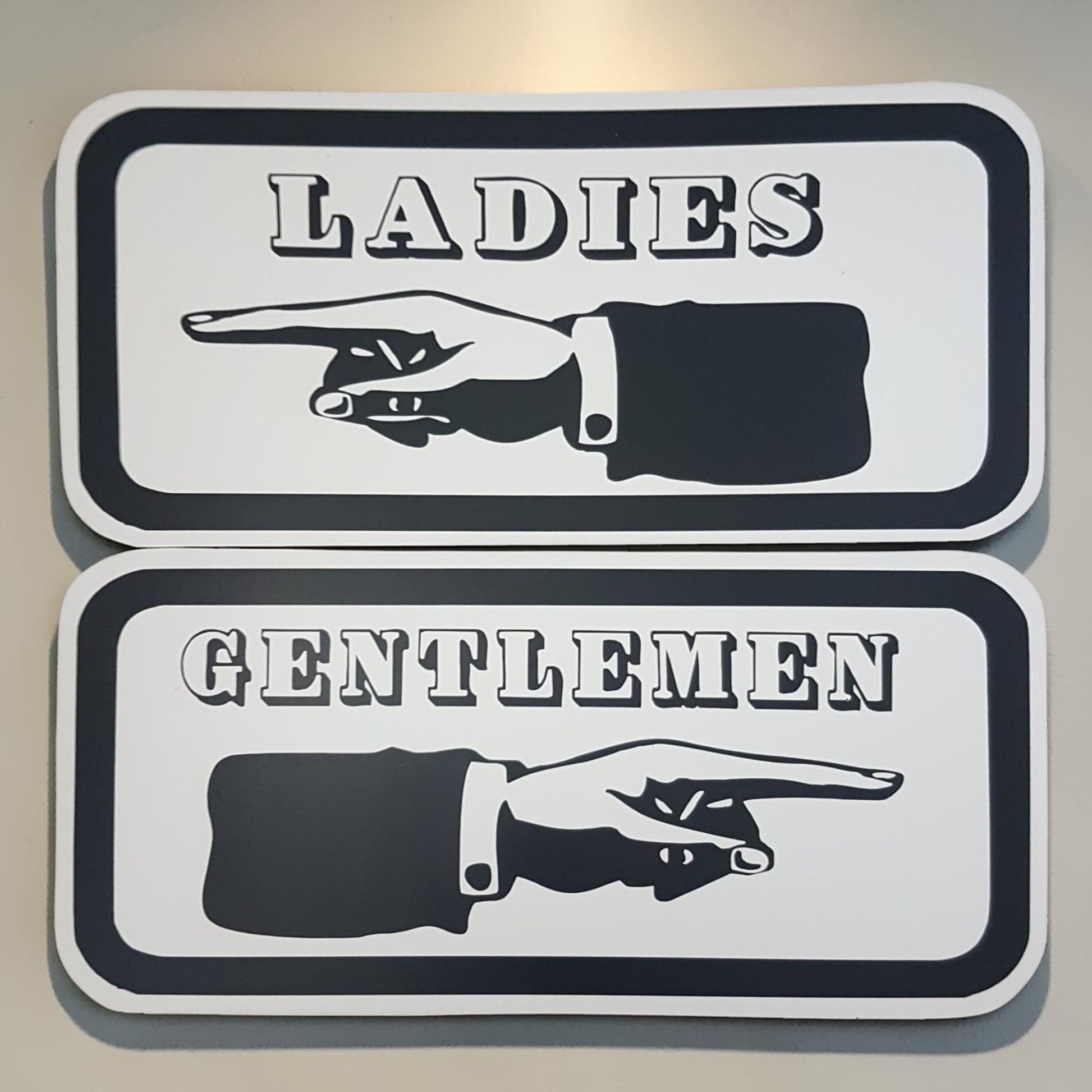 Ladies direction sign
Gentlemen direction sign
Antique hand sign
Bathroom wayfinding sign
Aluminum restroom decor