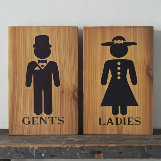 Victorian ladies sign
Victorian gents sign
Hand-painted bathroom sign
Reclaimed wall decor
Elegant restroom sign set
